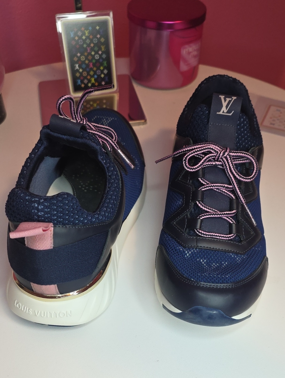 EUC Louis Vuitton Blue/Pink Monogram Lace-Up Tennis Shoes!